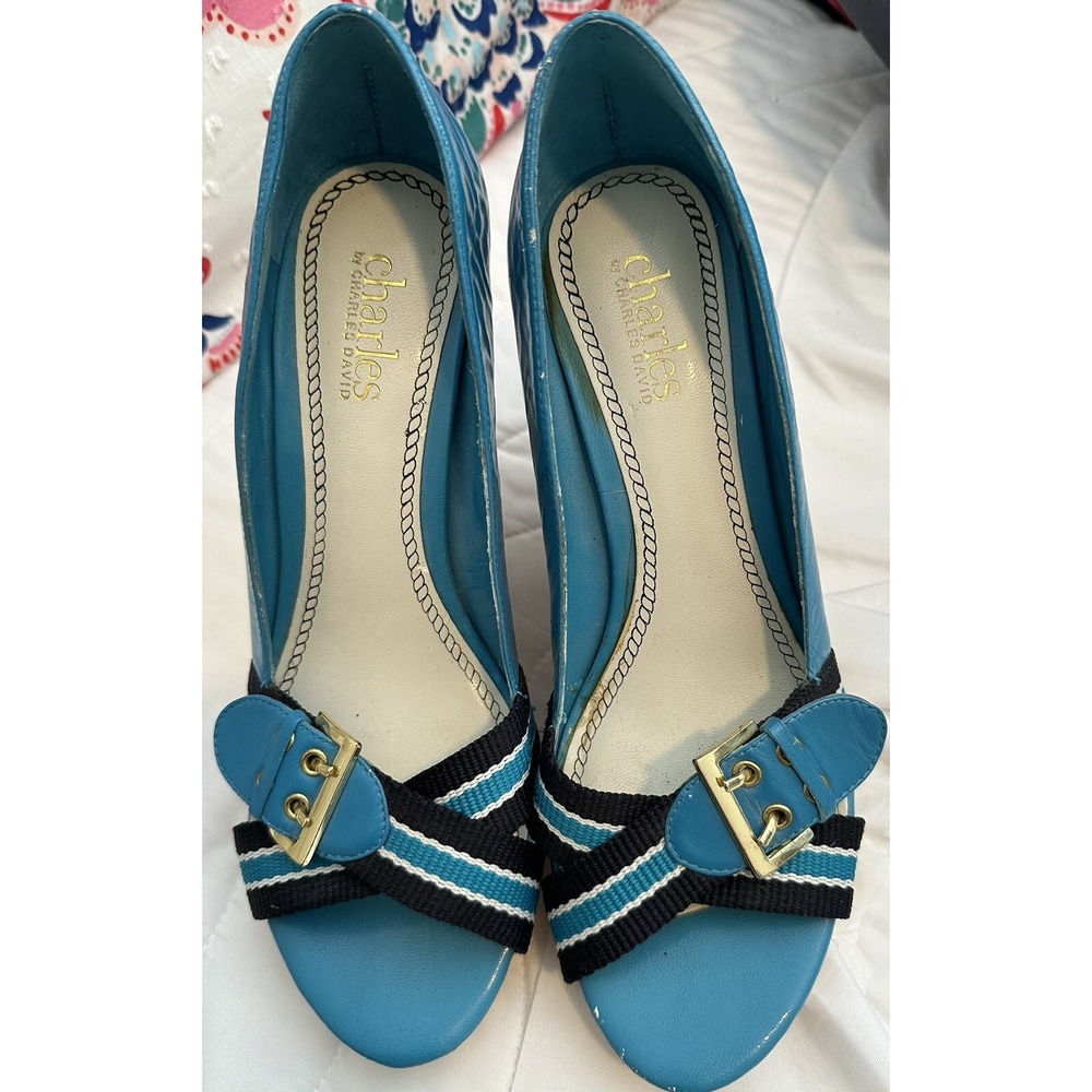 Charles by Charles David Blue Leather‎ Raffia Wedge Sandals Buckle Size 8